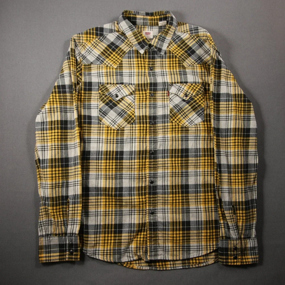 Levi's Plaid Snap Front Western Flannel Cowboy Men Shirt L Black Yellow Skate